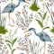 Seamless pattern with heron bird and swamp plants.