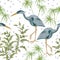 Seamless pattern with heron bird and swamp plants.