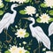Seamless pattern with heron bird and water lily. Swamp flora and fauna