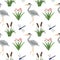 Seamless pattern heron bird watercolor dragonfly flowers