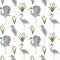 Seamless pattern heron bird watercolor flowers
