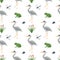 Seamless pattern heron bird watercolor insects frog dragonfly beetle flowers