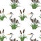 Seamless pattern heron bird watercolor reed flowers