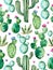 Seamless pattern with high quality hand painted watercolor cactus plants and purple flowers