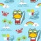 Seamless pattern of hippo cartoon with red crab, rainbow, cloud, island, wave