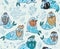 Seamless pattern with hipster walruses with beards and tattoos in cartoon style. Vector illustration