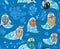 Seamless pattern with hipster walruses with beards and tattoos in cartoon style. Vector illustration in blue colors