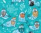 Seamless pattern with hipster walruses with beards and tattoos in cartoon style. Vector illustration in blue colors