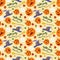 Seamless pattern for holiday design all saints eve Halloween pumpkin hats witches broom flat vector illustration