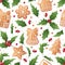 Seamless pattern with holly, berries and gingerbread cookies. Suitable for fabric, wrapping paper, wallpaper, background