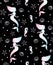 Seamless pattern of holographic mermaid on black