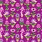 Seamless pattern of home plants. Crazy disco dancing pink and purple flowers in flat cartoon style on purple background