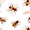 Seamless pattern with honey bees and acacia plant branches on white background. Backdrop with honeybees. Colorful hand