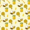 Seamless pattern with honey, bees, honeycomb, drop, honey spoon