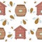 Seamless pattern with honey theme, bees, bee house, clues
