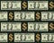 Seamless pattern with horizontal align 100 dollar banknotes, gold dollar sign