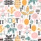 Seamless pattern with horse, flowers and hand-drawn elements. Children`s texture. Great for fabric, textile vector