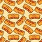 Seamless pattern with Hot dog cute fast food kawaii characters on yellow background. Flat design Vector Illustration
