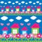 Seamless pattern of the house, flowers, clouds