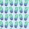 Seamless pattern with houseplants. Indoor plant in blue pot with drawn human face. Wavy composition on light blue background.