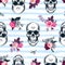 Seamless pattern with human skulls and semi-colored bunches of roses in etching style and blue horizontal paint traces on backgrou