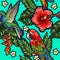 Seamless pattern with humming bird, hibiscus flowers and tropical leaves.