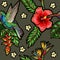 Seamless pattern with humming bird, hibiscus flowers and tropical leaves.