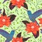 Seamless pattern with hummingbird, tropical flowers,berries and leaves. Exotic flora and fauna.