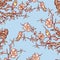 Seamless pattern of hummingbirds on blooming cherry branches