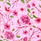 Seamless pattern hydrangea and cherry blossoms