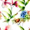 Seamless pattern with Hydrangea, Hibiscus and Cosmea flowers