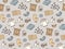 Seamless pattern with Hygge concept and cozy home things like candles, socks, blanket, tea, fireplace. Danish living concept.