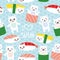 Seamless pattern. I love sushi. Kawaii funny Sushi set and white cute cat with pink cheeks and eyes, emoji. Baby blue background w