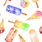 Seamless pattern with the ice cream cone, frozen juice lolly, hand drawn in a watercolor on a white background