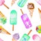 Seamless pattern with the ice cream cone, frozen juice lolly, hand drawn in a watercolor on a white background