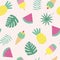 Seamless pattern with ice cream, fruit, tropical leaf