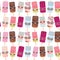 Seamless pattern ice cream, ice lolly Kawaii with pink cheeks and winking eyes, sunglasses, pastel colors isolated on white backg