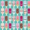 Seamless pattern ice cream, ice lolly Kawaii with pink cheeks and winking eyes, sunglasses, pastel colors on light blue backgroun