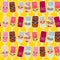 Seamless pattern ice cream, ice lolly Kawaii with pink cheeks and winking eyes, sunglasses, pastel colors on yellow orange backgr