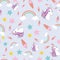 Seamless pattern ice cream, rainbow and unicorns on pastel purple background