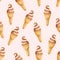 Seamless pattern with ice cream in the waffle cone with vanilla and caramel taste on soft pink background. Hand drawn