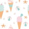 Seamless pattern of icecream cones with shells. beach ball, and starfish on a white background.