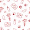 Seamless pattern icons concept of Valentine s day. Vector doodle romantic accessories candles hearts glasses of wine, flower gift