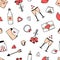 Seamless pattern icons concept of Valentine s day. Vector doodle romantic accessories candles hearts ring bottle and glasses of