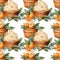 Seamless pattern of illustrated cupcakes with cream and sea buckthorn berries and green leaves on a white background