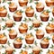 Seamless pattern with illustrated sea buckthorn cupcakes with berries and green leaves on a white background. Patterns