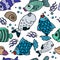 seamless pattern, illustration, colorful fish, bubbles, shells on a white