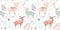 Seamless pattern with illustration of cute lamas, deer, decorative leaves, branches, doodles, dots. Pink childish