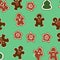 A seamless pattern illustration of gingerbread men on a green background within a square