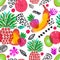 Seamless pattern Illustration hand painted acrylic gouache Exotic fruit pineapple banana kiwi grapefruit strawberry pear flowers